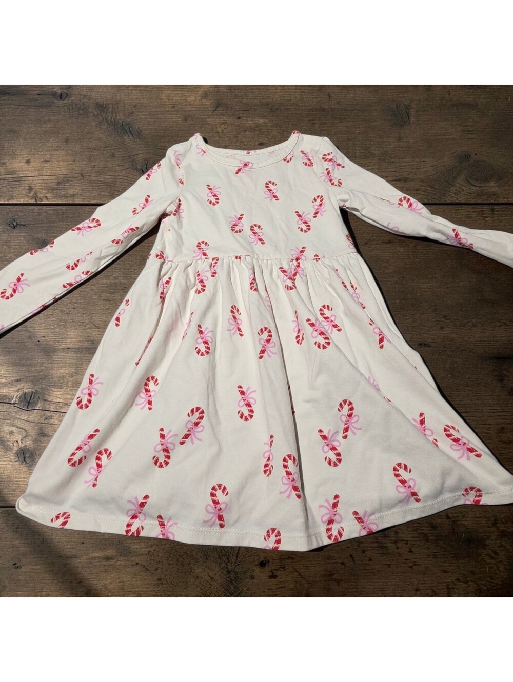 Cat & Jack Girls' 4T Long Sleeve White Dress with Pink Candy Cane Print
